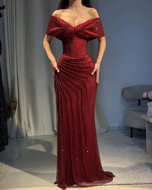 Aimishang Glitter Mermaid Off the Shoulder Ruched Party Evening Gown Elegant Long Formal Prom Dress With Slit