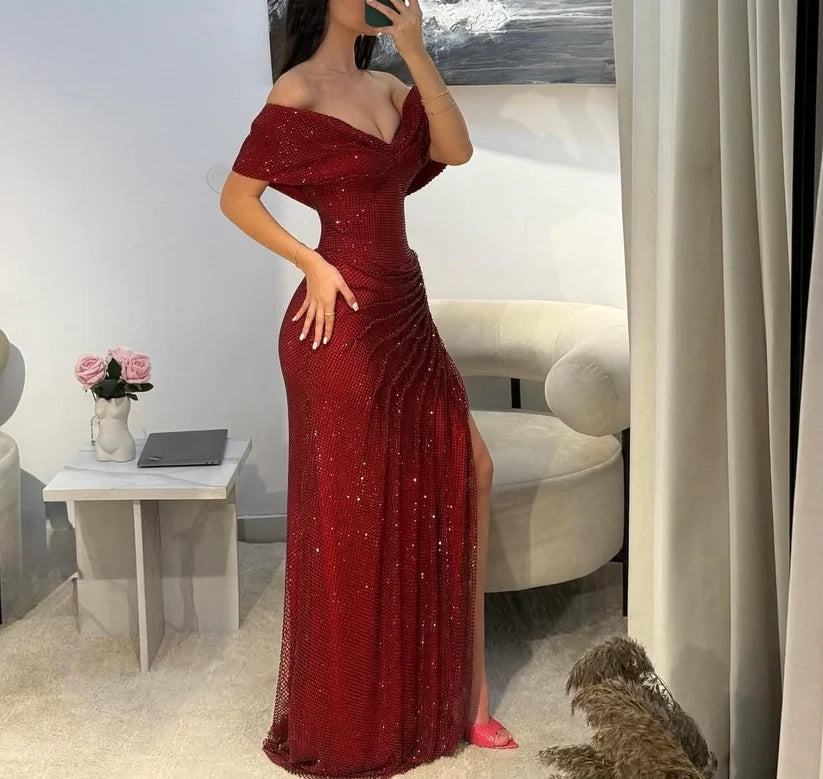 Aimishang Glitter Mermaid Off the Shoulder Ruched Party Evening Gown Elegant Long Formal Prom Dress With Slit