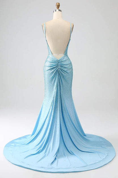 Aimishang Glitter Mermaid Spaghetti Straps Open Back Beaded Long Prom Dress Charming Evening Party Dress With Slit