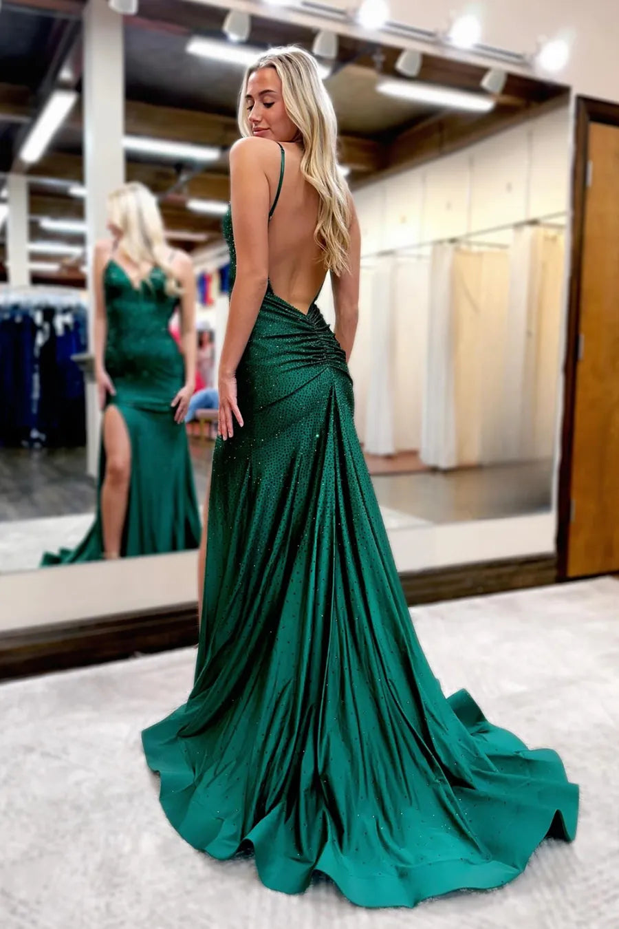 Aimishang Glitter Mermaid Spaghetti Straps Open Back Beaded Long Prom Dress Charming Evening Party Dress With Slit