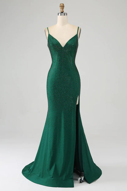 Aimishang Glitter Mermaid Spaghetti Straps Open Back Beaded Long Prom Dress Charming Evening Party Dress With Slit