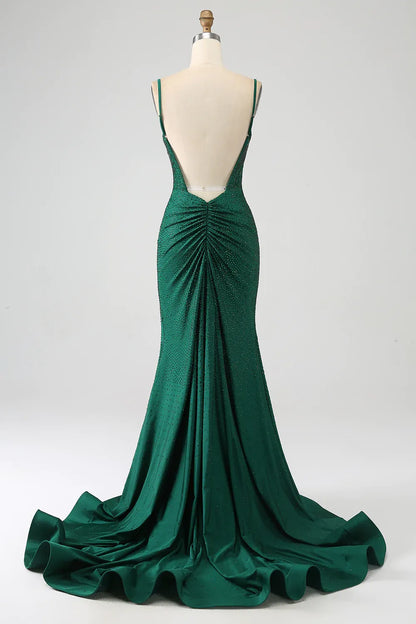 Aimishang Glitter Mermaid Spaghetti Straps Open Back Beaded Long Prom Dress Charming Evening Party Dress With Slit