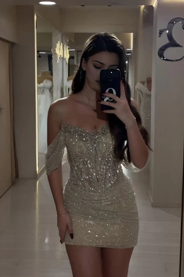 Aimishang Glitter Off The Shoulder Sheath Short Party Prom Dress Fashion Mini Homecoming Dress