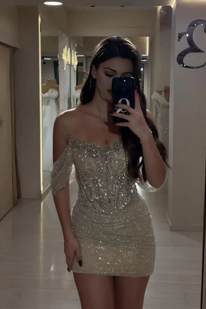 Aimishang Glitter Off The Shoulder Sheath Short Party Prom Dress Fashion Mini Homecoming Dress