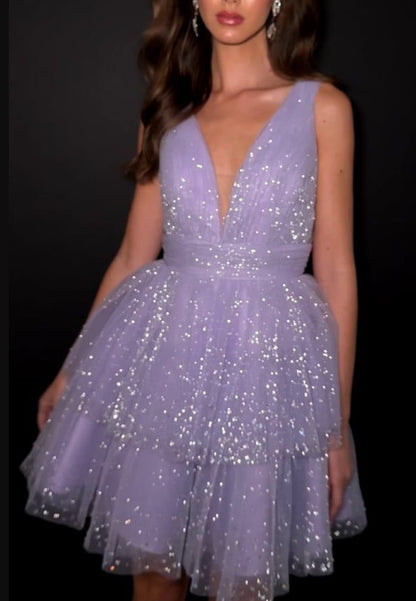 Aimishang Glitter Purple A Line Sleeveless Tulle Short Summer Birthday Party Dress Pretty Graduation Homecoming Dress
