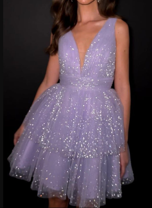 Aimishang Glitter Purple A Line Sleeveless Tulle Short Summer Birthday Party Dress Pretty Graduation Homecoming Dress