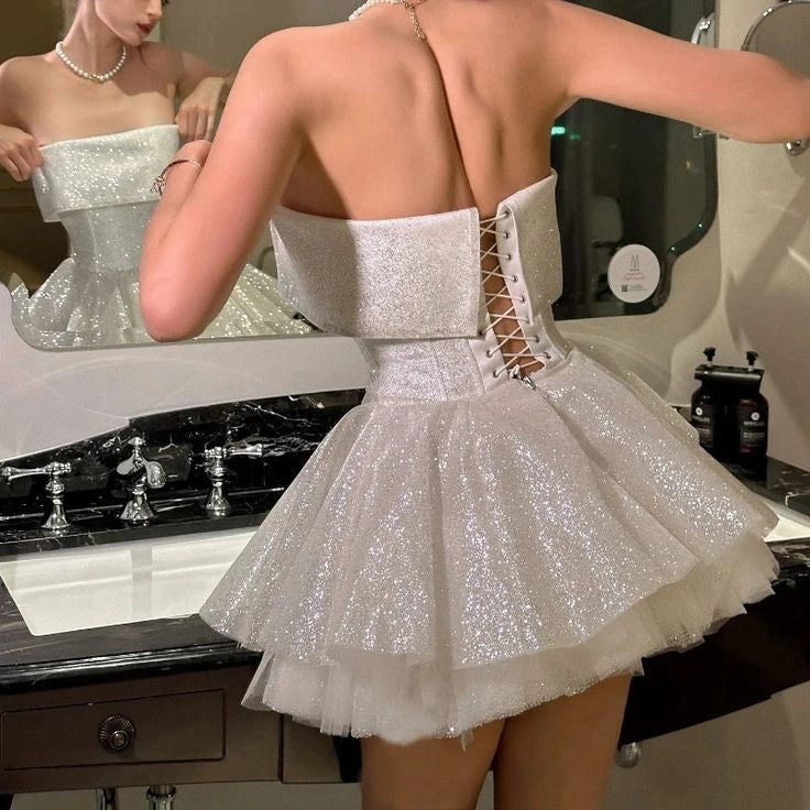 Aimishang Glitter Strapless A Line Sleeveless Short Birthday Party Dress Fashion Graduation Homecoming Dress
