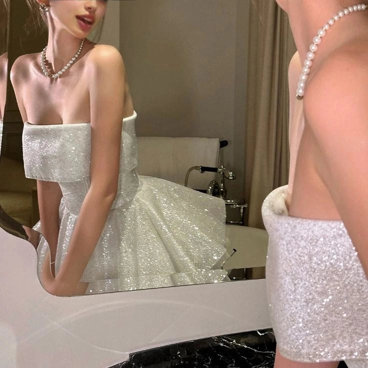Aimishang Glitter Strapless A Line Sleeveless Short Birthday Party Dress Fashion Graduation Homecoming Dress