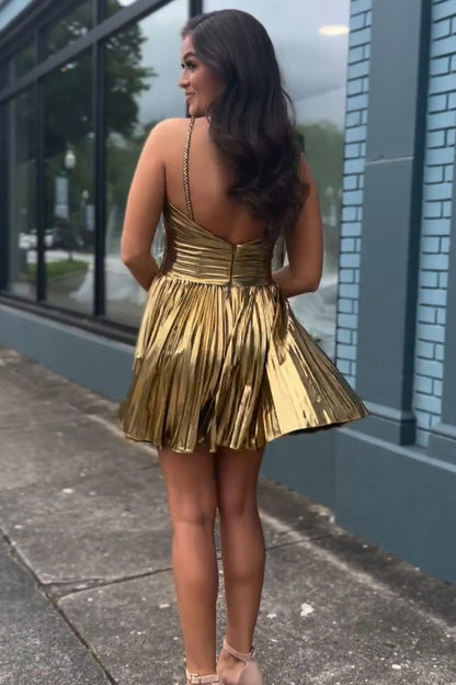 Aimishang Homecoming Dress Gold A-Line Halter Neck Short Metallic