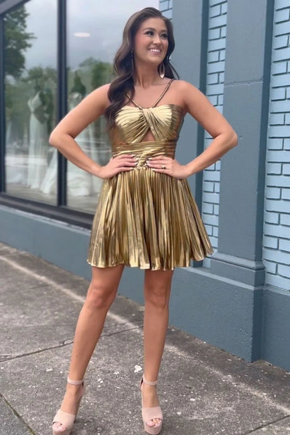 Aimishang Homecoming Dress Gold A-Line Halter Neck Short Metallic