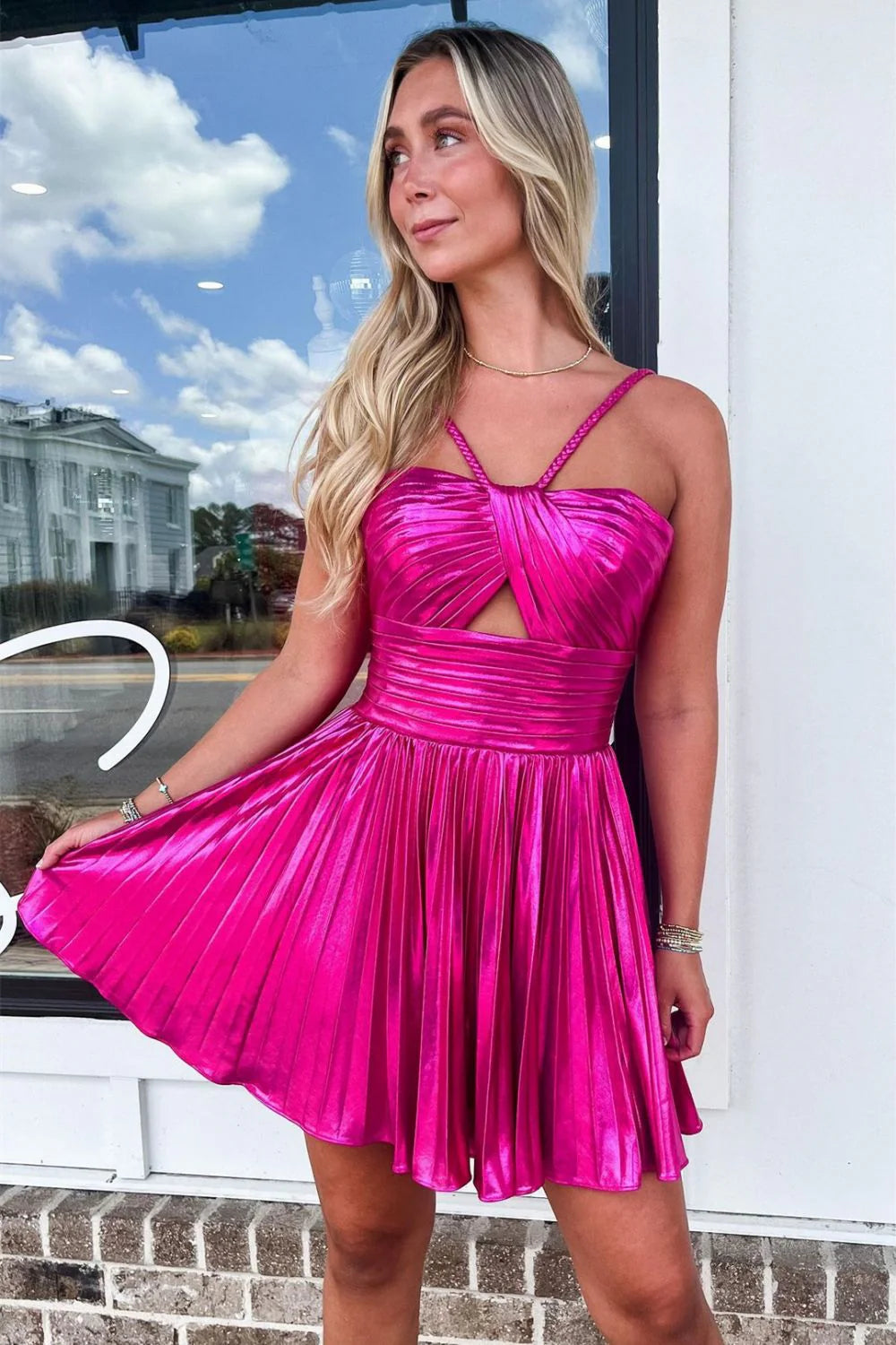 Aimishang Homecoming Dress Gold A-Line Halter Neck Short Metallic