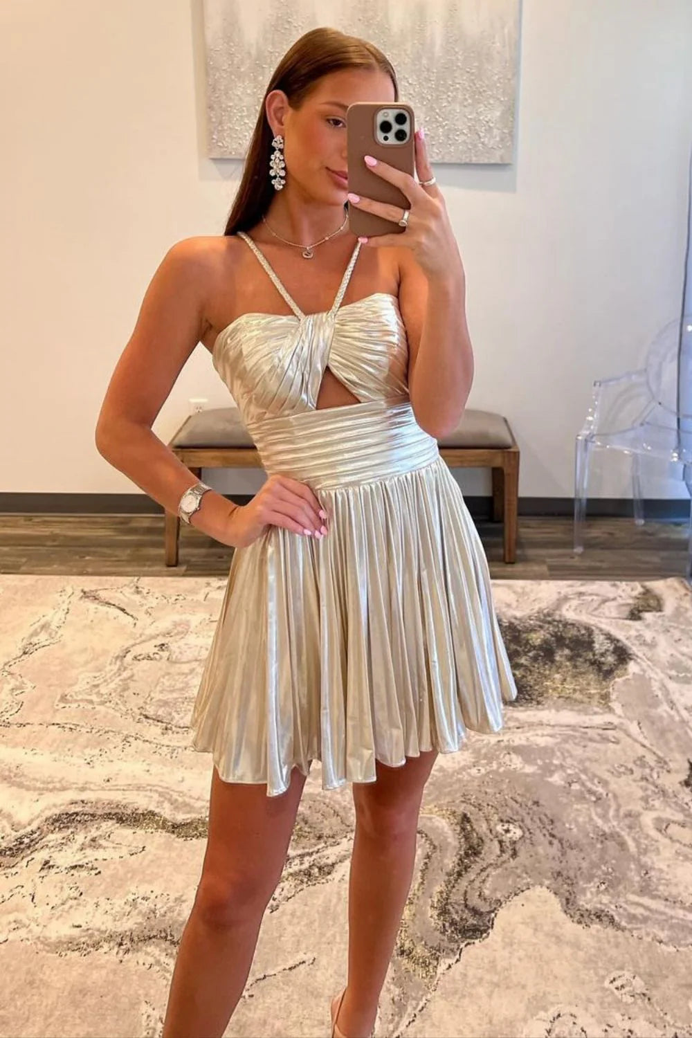 Aimishang Homecoming Dress Gold A-Line Halter Neck Short Metallic