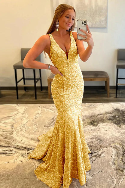 Wholesale Mermaid Sexy Glitter V Neck Long Prom Dress