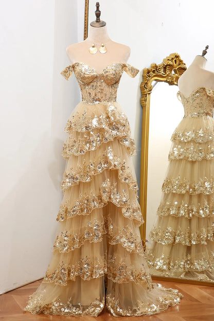 Aimishang A-Line Off The Shoulder Long Prom Dress Tiered with Sequin Charming Evening Party Dress