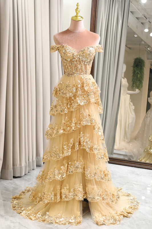 Aimishang Gorgeous A-Line Princess Off-the-Shoulder Tiered Lace Ruffles Long Formal Prom Dress Charming Evening Party Dress With Slit