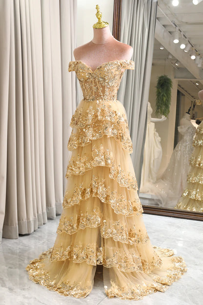 Aimishang Gorgeous A-Line Princess Off-the-Shoulder Tiered Lace Ruffles Long Formal Prom Dress Charming Evening Party Dress With Slit