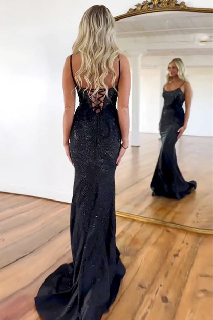 Wholesale Prom Dress Glitter Mermaid Spaghetti Straps Lace Up Beaded