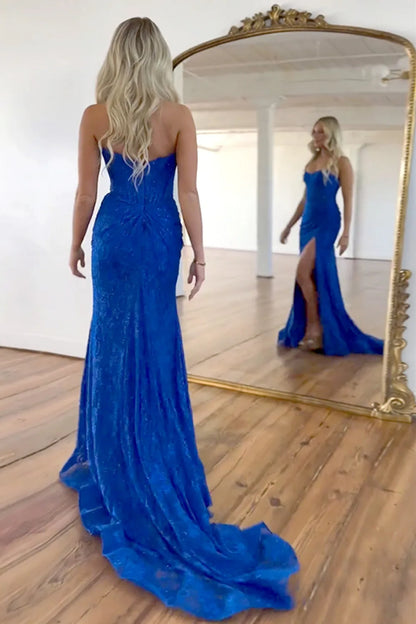 Wholesale Prom Dress Glitter Mermaid Strapless Sweep Train Lace With Slit