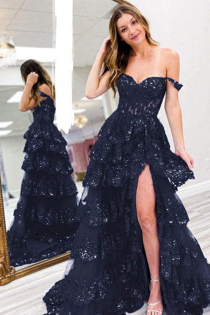 Wholesale Gorgeous Prom Dress A-Line Off The Shoulder Tiered With Split