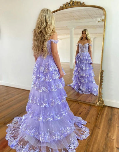 Wholesale Gorgeous Prom Dress A-Line Off The Shoulder Tiered With Split