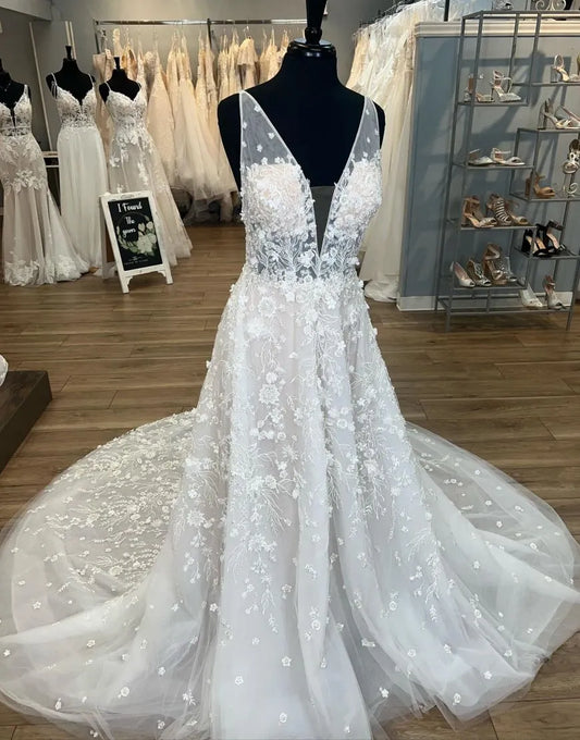 Wholesale Wedding Dress A-Line V-Neck Open Back Chapel Train