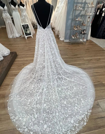 Wholesale Wedding Dress A-Line V-Neck Open Back Chapel Train