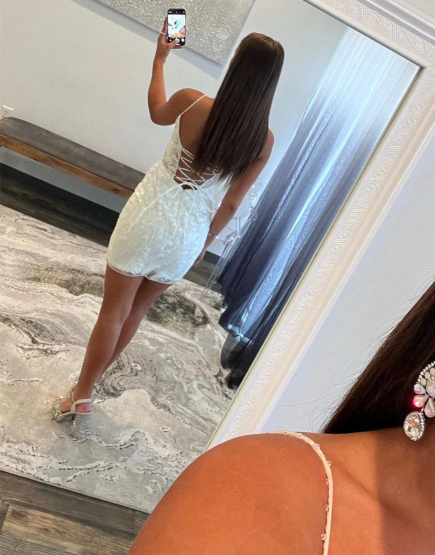 Aimishang Homecoming Dress Gorgeous Spaghetti Straps Lace Up Tight Glitter