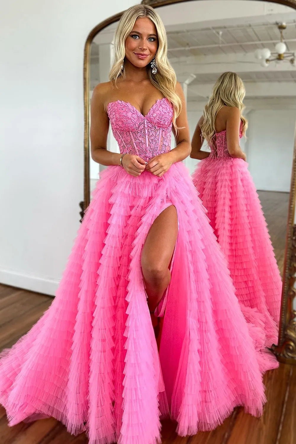 Wholesale A-Line Lace Up Long Tulle Prom Dress With Split