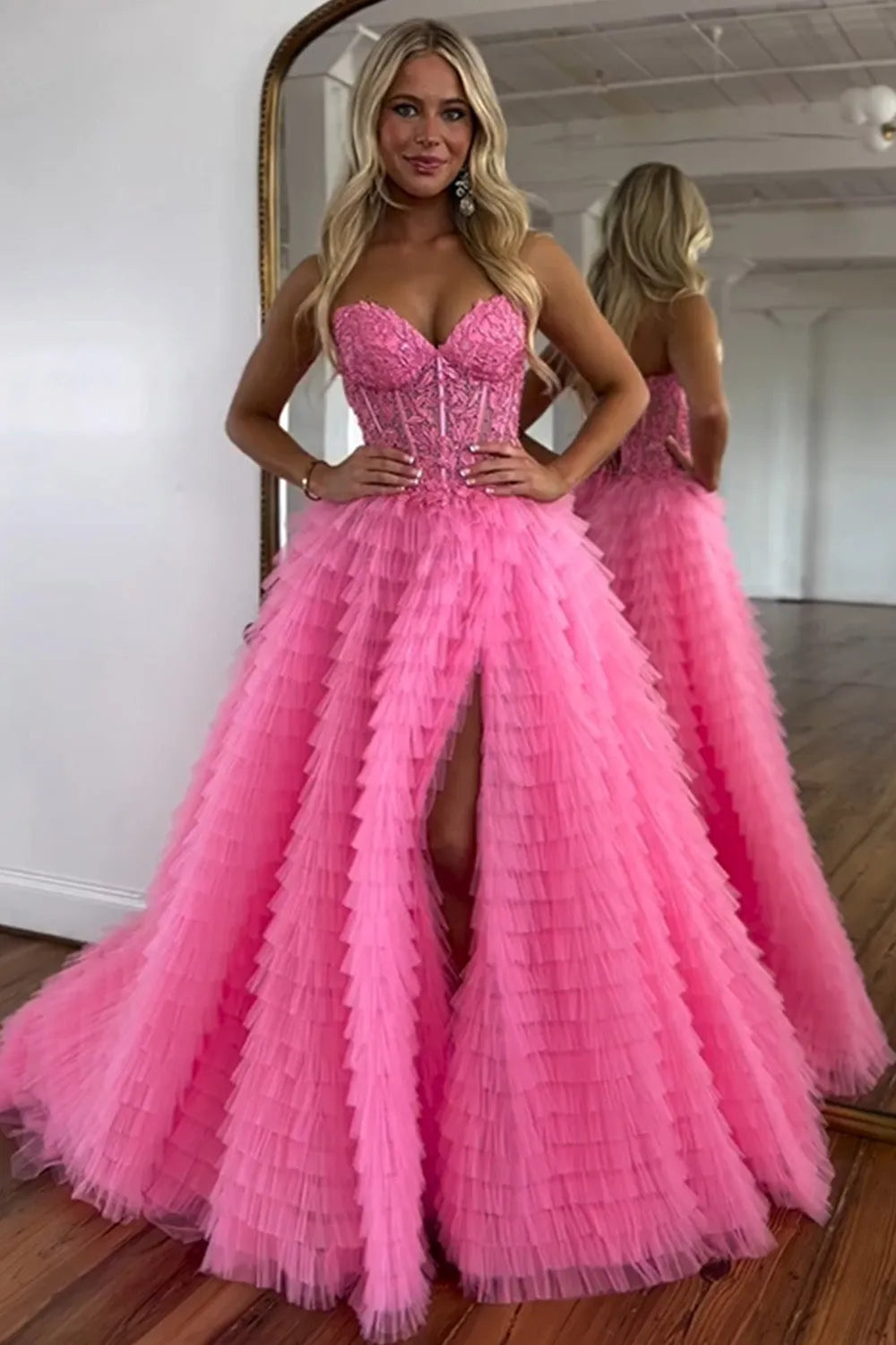 Wholesale A-Line Lace Up Long Tulle Prom Dress With Split