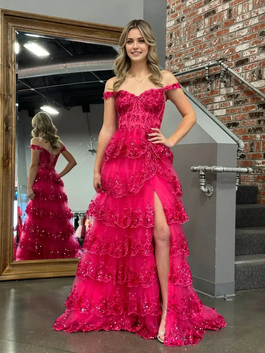 Aimishang Gorgeous A-Line Princess Off-the-Shoulder Lace Ruffles Long Formal Prom Dress Sparkly Evening Party Dress With Slit