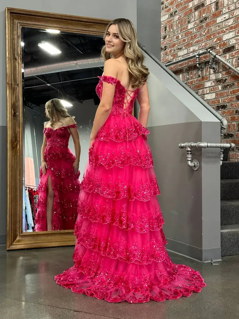 Aimishang Gorgeous A-Line Princess Off-the-Shoulder Lace Ruffles Long Formal Prom Dress Sparkly Evening Party Dress With Slit
