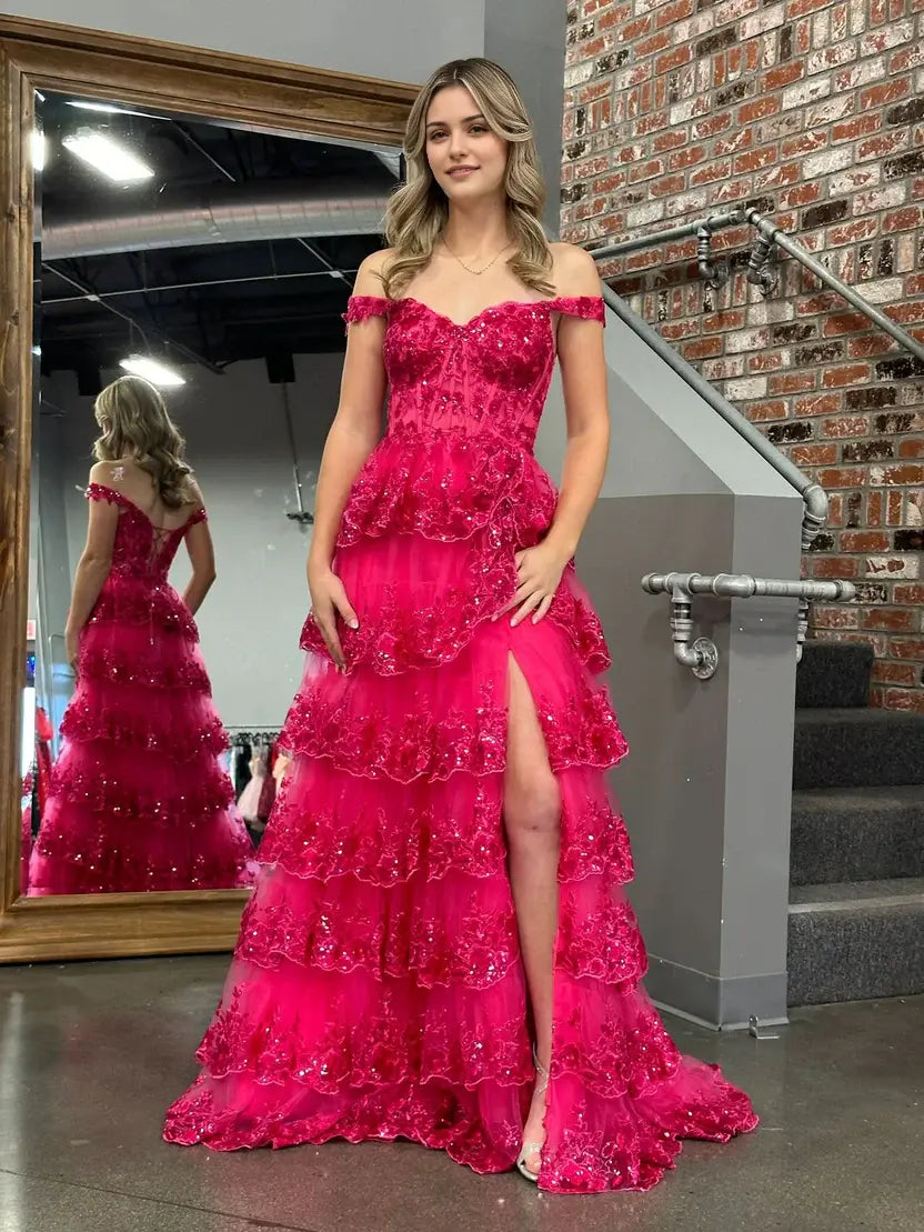 Aimishang Gorgeous A-Line Princess Off-the-Shoulder Lace Ruffles Long Formal Prom Dress Sparkly Evening Party Dress With Slit