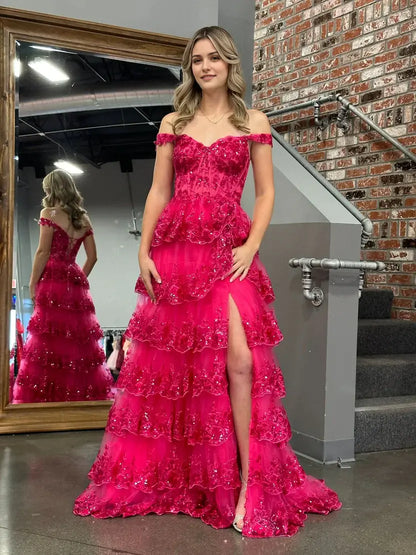 Aimishang Gorgeous A-Line Princess Off-the-Shoulder Lace Ruffles Long Formal Prom Dress Sparkly Evening Party Dress With Slit