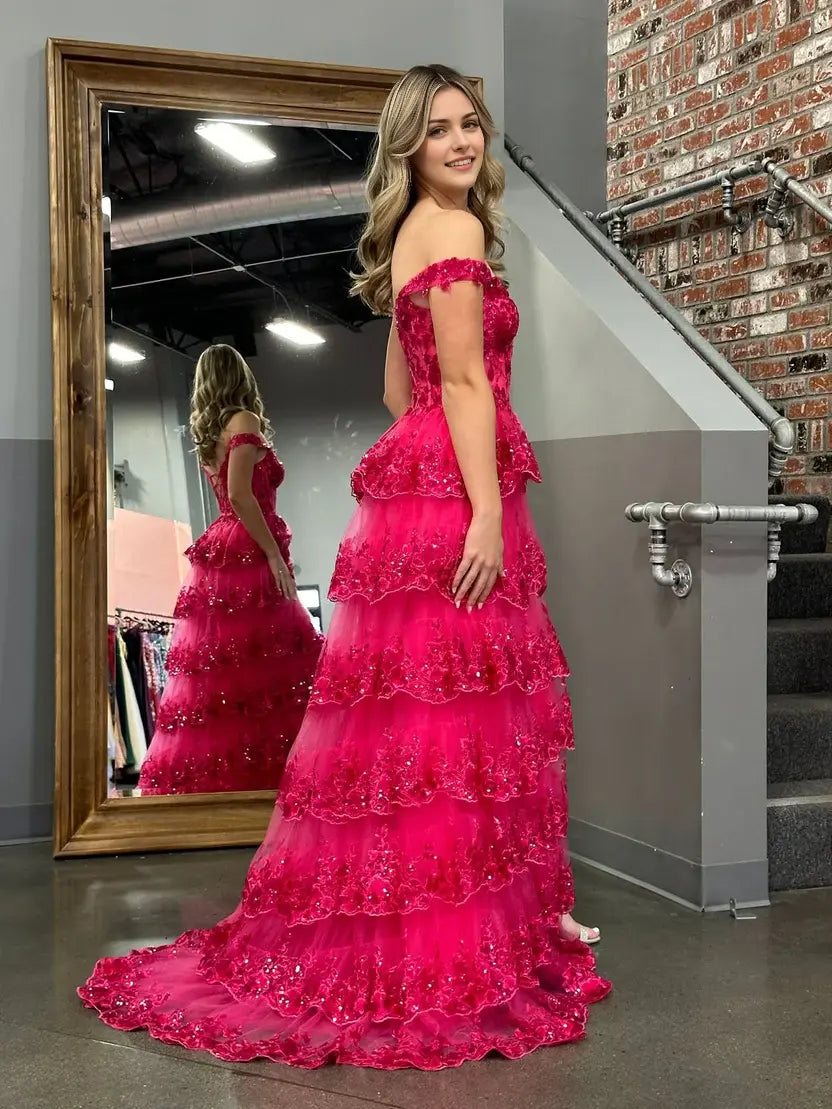 Aimishang Gorgeous A-Line Princess Off-the-Shoulder Lace Ruffles Long Formal Prom Dress Sparkly Evening Party Dress With Slit