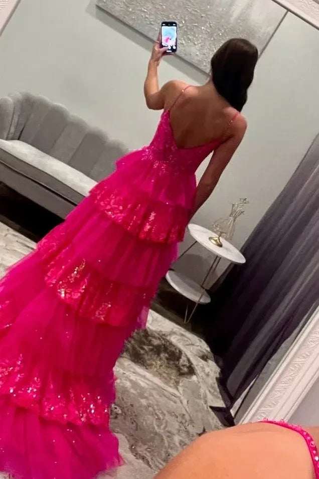 Aimishang Gorgeous A-Line Sweetheart Neck Sleeveless Tiered Sequin Tulle Long Prom Dress With Slit