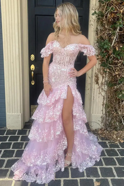 Aimishang Gorgeous A Line Off the Shoulder Long Formal Prom Dress With Slit Elegant Evening Party Gown Charming Graduation Dress