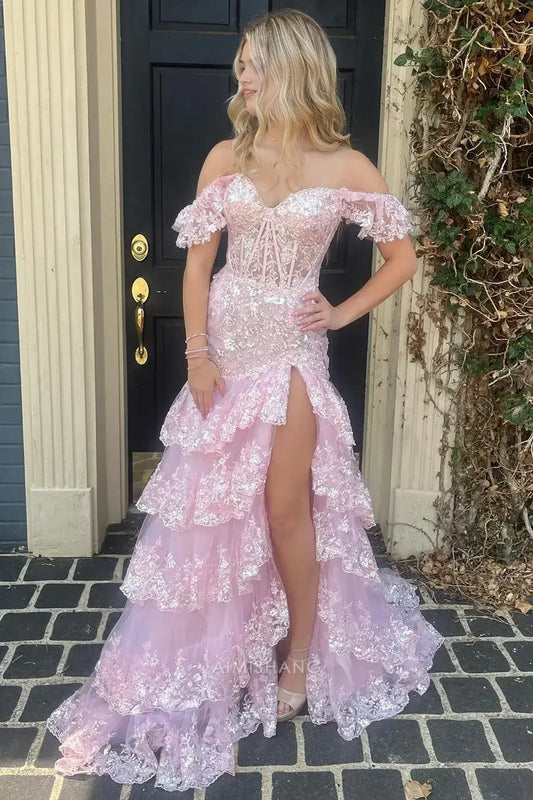 Aimishang Gorgeous A Line Off the Shoulder Long Formal Prom Dress With Slit Elegant Evening Party Gown Charming Graduation Dress