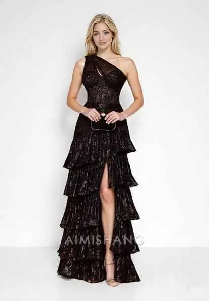 Aimishang Gorgeous A Line One Shoulder Sleeveless Formal Prom Dress Elegant Black Evening Party Dress Charming Wedding Guest Dress With Slit