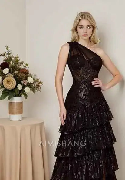 Aimishang Gorgeous A Line One Shoulder Sleeveless Formal Prom Dress Elegant Black Evening Party Dress Charming Wedding Guest Dress With Slit