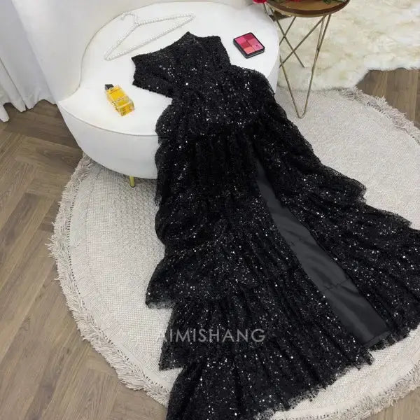 Aimishang Gorgeous A Line Strapless Long Formal Prom Dress With Slit Sparkly Evening Party Gown Charming Graduation Dress