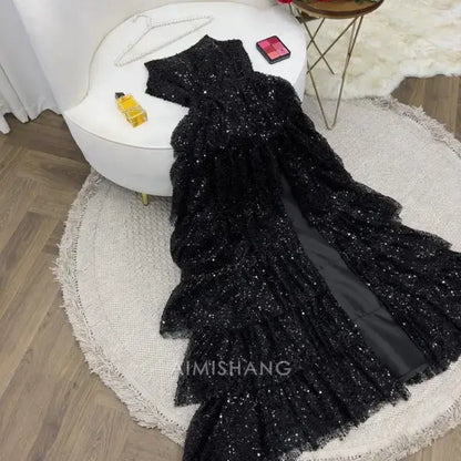 Aimishang Gorgeous A Line Strapless Long Formal Prom Dress With Slit Sparkly Evening Party Gown Charming Graduation Dress