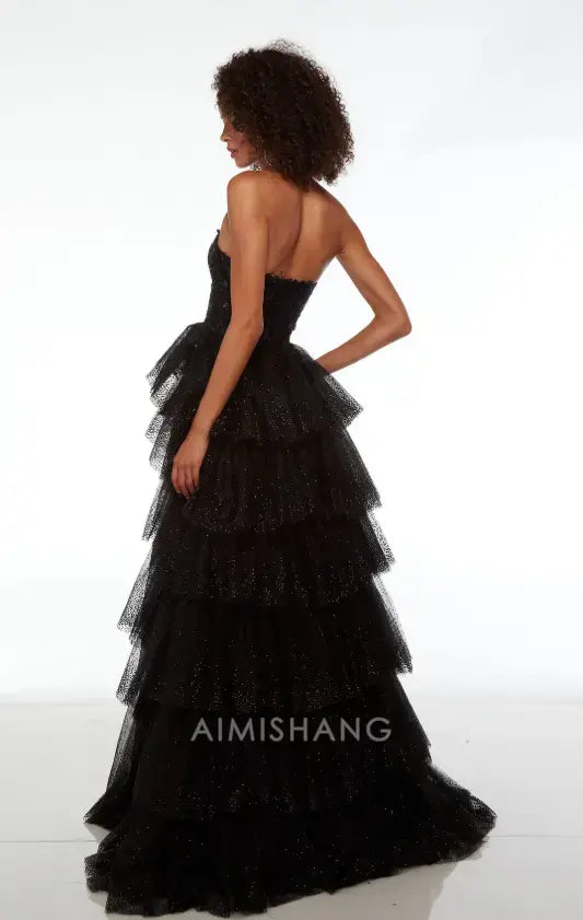 Aimishang Gorgeous A Line Strapless Sleeveless Layered Long Formal Prom Dress With Slit Sexy Evening Gowns Charming Birthday Party Dress No With Gloves