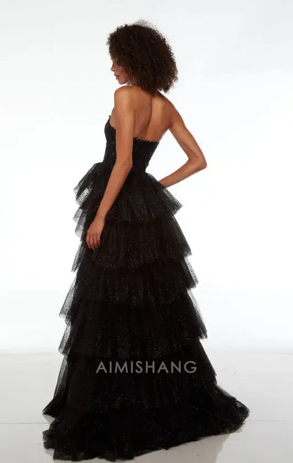 Aimishang Gorgeous A Line Strapless Sleeveless Layered Long Formal Prom Dress With Slit Sexy Evening Gowns Charming Birthday Party Dress No With Gloves
