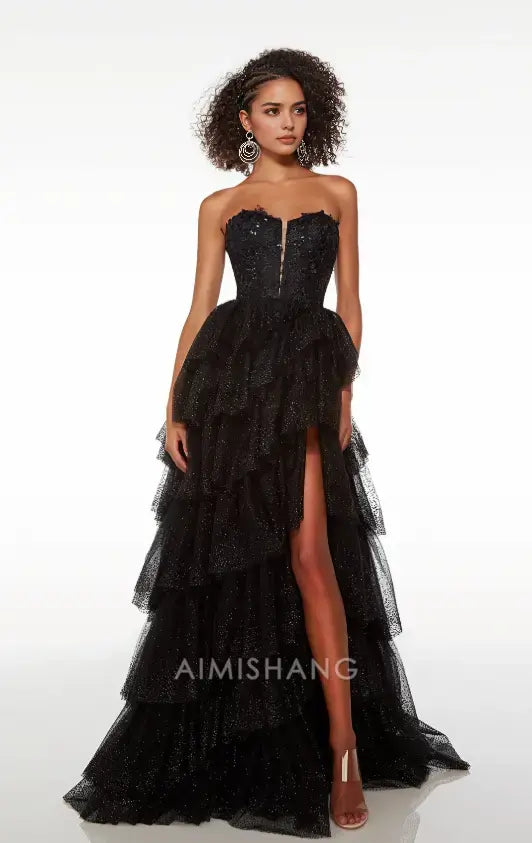 Aimishang Gorgeous A Line Strapless Sleeveless Layered Long Formal Prom Dress With Slit Sexy Evening Gowns Charming Birthday Party Dress No With Gloves