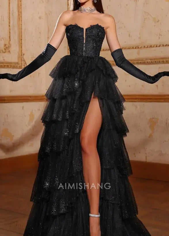 Aimishang Gorgeous A Line Strapless Sleeveless Layered Long Formal Prom Dress With Slit Sexy Evening Gowns Charming Birthday Party Dress No With Gloves