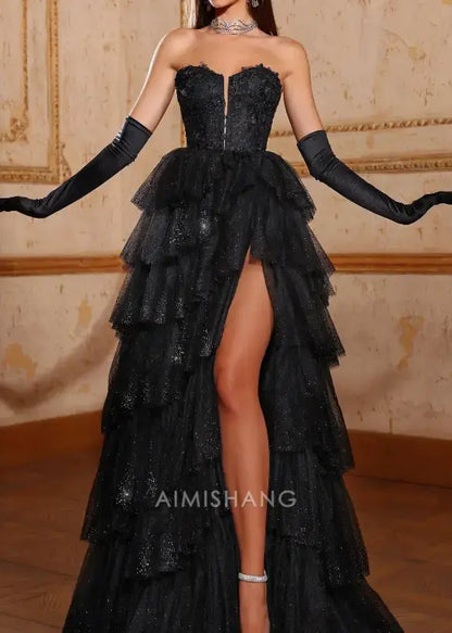 Aimishang Gorgeous A Line Strapless Sleeveless Layered Long Formal Prom Dress With Slit Sexy Evening Gowns Charming Birthday Party Dress No With Gloves