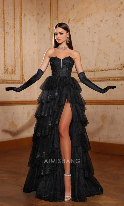 Aimishang Gorgeous A Line Strapless Sleeveless Layered Long Formal Prom Dress With Slit Sexy Evening Gowns Charming Birthday Party Dress No With Gloves