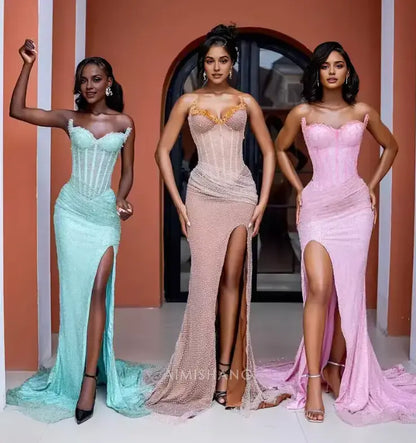 Aimishang Gorgeous Mermaid Strapless Sleeveless Beaded Long Prom Dress With Slit Sexy Black Girl Party Evening Gown Charming Formal Wear Dresses