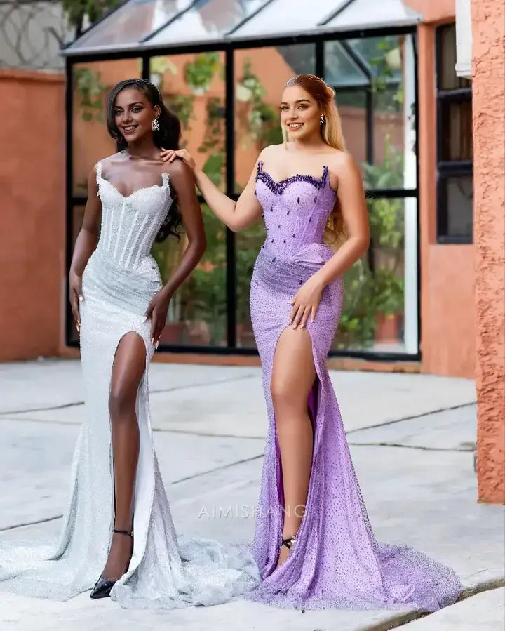 Aimishang Gorgeous Mermaid Strapless Sleeveless Beaded Long Prom Dress With Slit Sexy Black Girl Party Evening Gown Charming Formal Wear Dresses