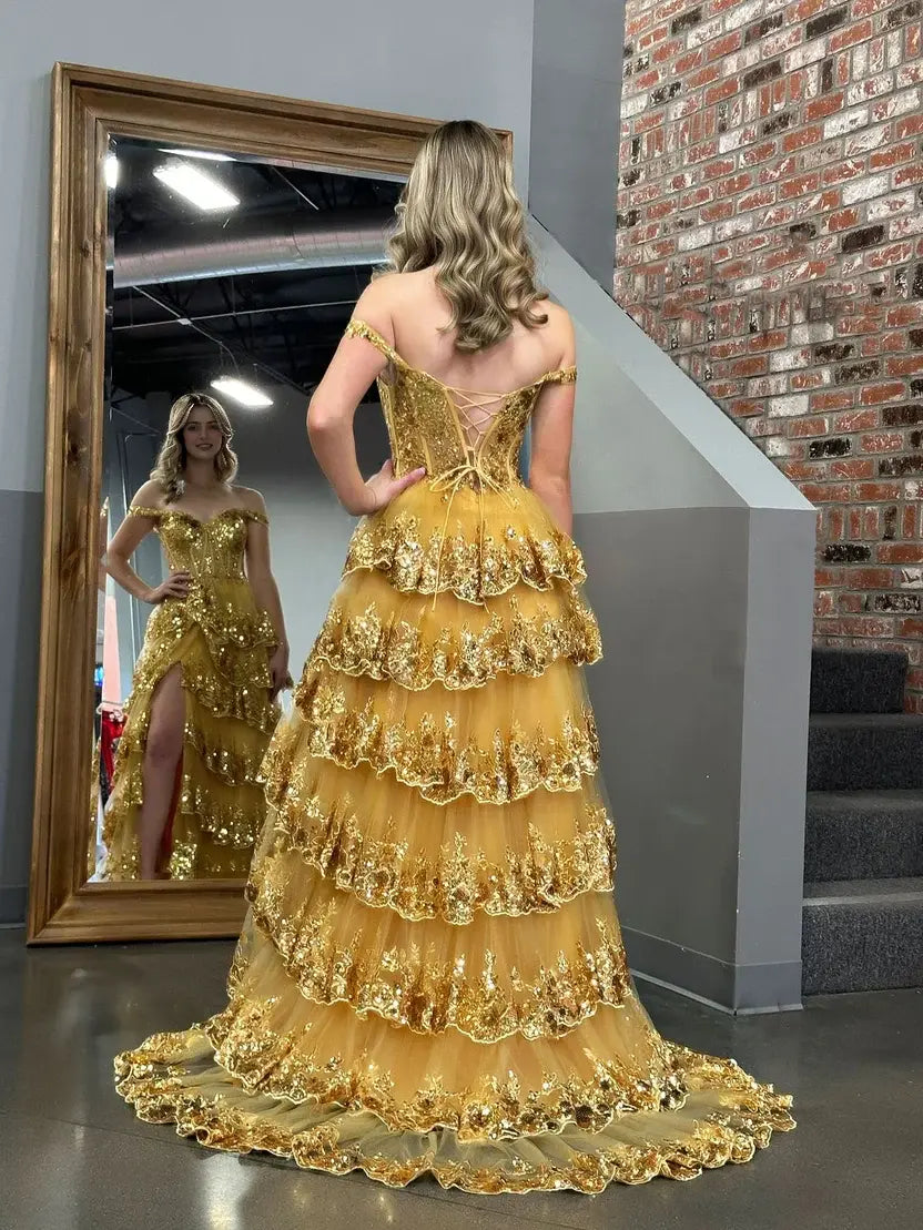 Aimishang Gorgeous Princess A-Line Off-the-Shoulder Lace Ruffles Long Formal Prom Dress Lovely Birthday Party Dress With Slit